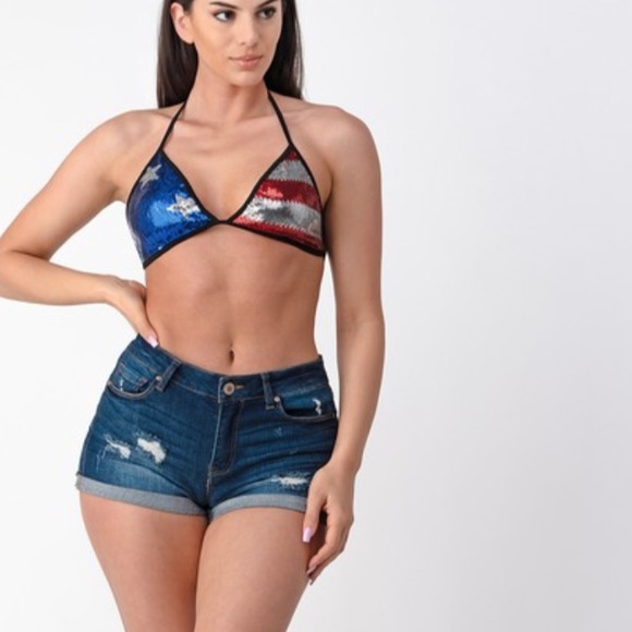 Red White Blue Stars Stripes Sequin Bikini Top - Picture 3 of 5